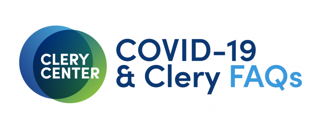Image with the Clery Center logo and the text that reads "Covid-19 & Clery FAQs"